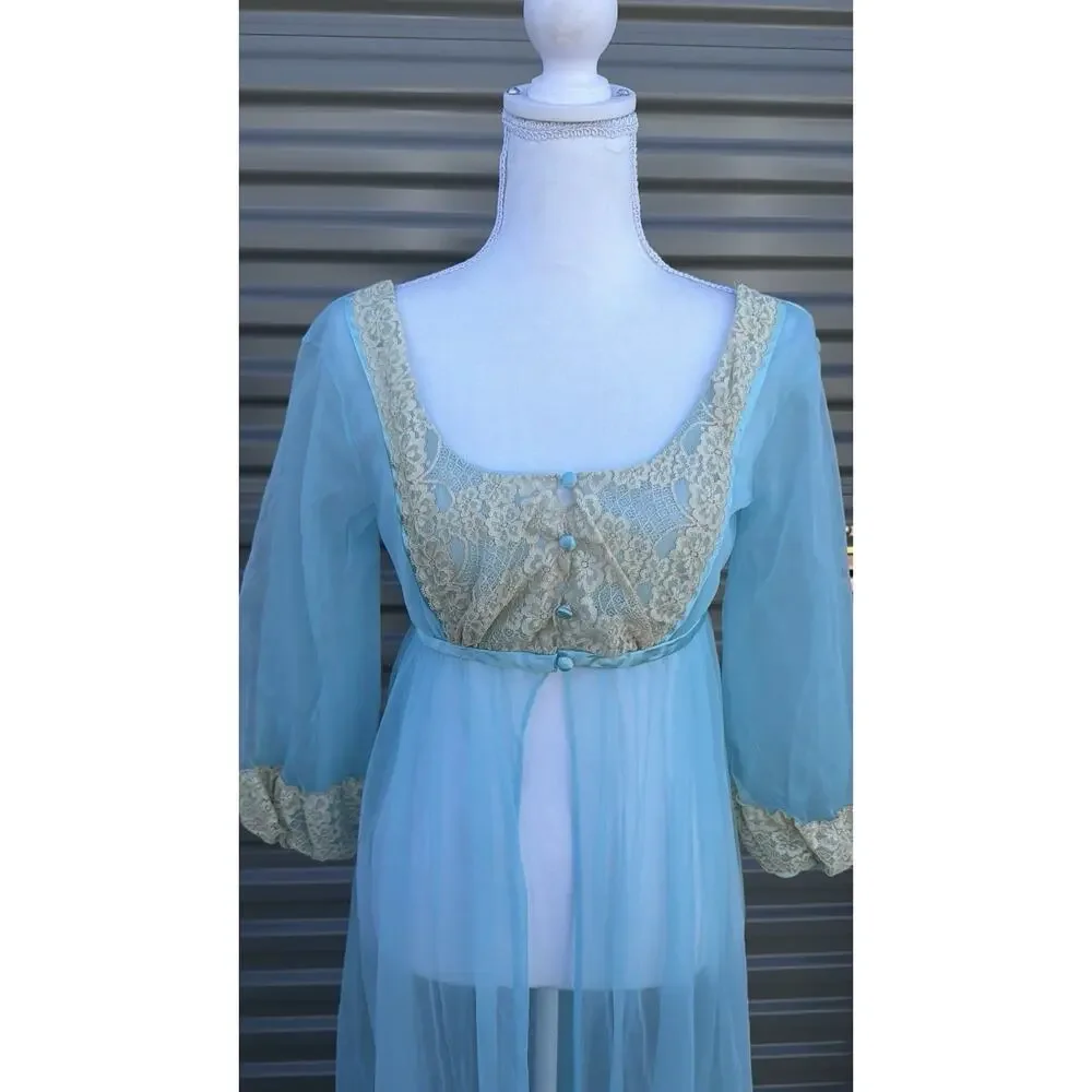 Vintage 1960s Blue Nylon Peignoir Robe With Chantilly Lace Juliette Style